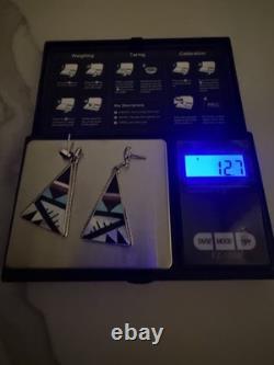 Vintage Zuni Multi-Stone Inlay Dangle Earrings Sterling Silver Signed S D Boone