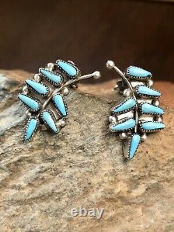 Vintage Zuni Native American Jewelry Needlepoint Turquoise Clip Earrings Silver