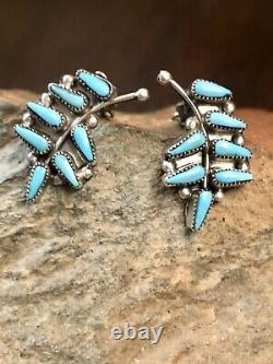 Vintage Zuni Native American Jewelry Needlepoint Turquoise Clip Earrings Silver