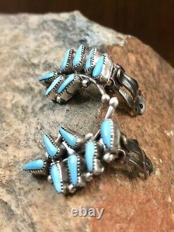 Vintage Zuni Native American Jewelry Needlepoint Turquoise Clip Earrings Silver