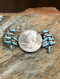 Vintage Zuni Native American Jewelry Needlepoint Turquoise Clip Earrings Silver