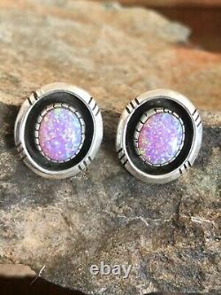Vintage Zuni Native American Jewelry Pink Opal Clip Earrings Silver Handmade