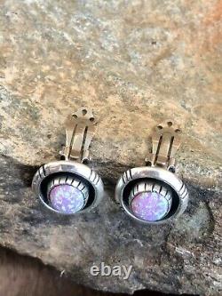 Vintage Zuni Native American Jewelry Pink Opal Clip Earrings Silver Handmade