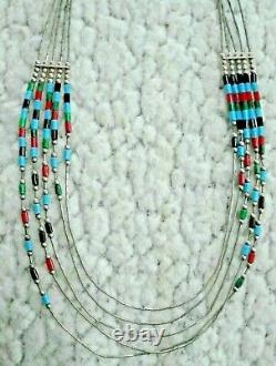 Vintage Zuni Native American Liquid Sterling Silver Onyx, Turq, Coral Necklace