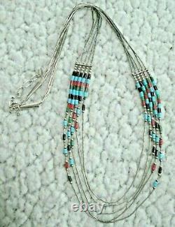 Vintage Zuni Native American Liquid Sterling Silver Onyx, Turq, Coral Necklace