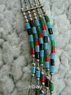 Vintage Zuni Native American Liquid Sterling Silver Onyx, Turq, Coral Necklace