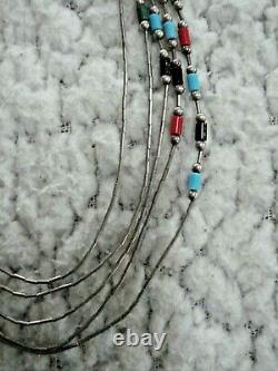 Vintage Zuni Native American Liquid Sterling Silver Onyx, Turq, Coral Necklace