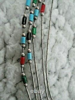 Vintage Zuni Native American Liquid Sterling Silver Onyx, Turq, Coral Necklace