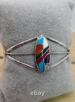 Vintage Zuni Native American Multi-Stone Inlay Sterling Silver Cuff Bracelet 6