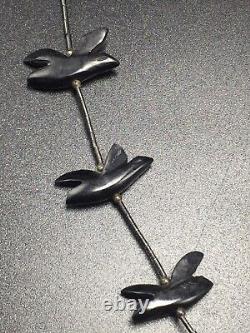 Vintage Zuni Native American Sterling Silver Black Birds Fetish Beaded Necklace
