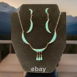 Vintage Zuni Natural Turquoise Gemstone Inlay Necklace & Earring Set 18 Signed