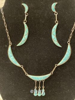 Vintage Zuni Natural Turquoise Gemstone Inlay Necklace & Earring Set 18 Signed
