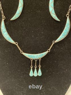 Vintage Zuni Natural Turquoise Gemstone Inlay Necklace & Earring Set 18 Signed