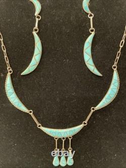 Vintage Zuni Natural Turquoise Gemstone Inlay Necklace & Earring Set 18 Signed