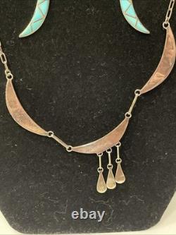 Vintage Zuni Natural Turquoise Gemstone Inlay Necklace & Earring Set 18 Signed