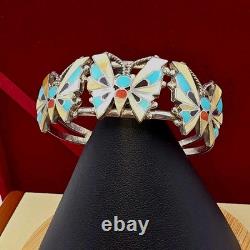 Vintage Zuni Reyes Neha R. N. Sterling Butterfly Cuff Inlay Turquoise Coral