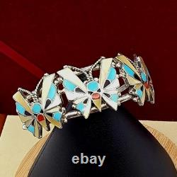 Vintage Zuni Reyes Neha R. N. Sterling Butterfly Cuff Inlay Turquoise Coral