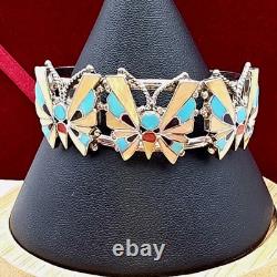Vintage Zuni Reyes Neha R. N. Sterling Butterfly Cuff Inlay Turquoise Coral