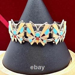 Vintage Zuni Reyes Neha R. N. Sterling Butterfly Cuff Inlay Turquoise Coral