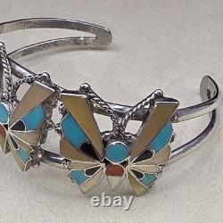 Vintage Zuni Reyes Neha R. N. Sterling Butterfly Cuff Inlay Turquoise Coral