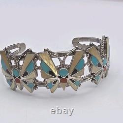Vintage Zuni Reyes Neha R. N. Sterling Butterfly Cuff Inlay Turquoise Coral