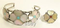 Vintage Zuni SIGNED Sterling Silver Mosaic Inlay Flower Cuff Bracelet Ring Set