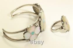 Vintage Zuni SIGNED Sterling Silver Mosaic Inlay Flower Cuff Bracelet Ring Set