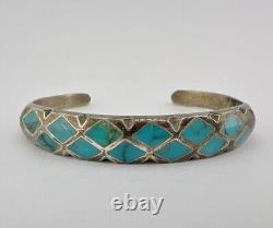 Vintage Zuni Sandcast Sterling Silver Flush Inlay Turquoise Cuff Bracelet