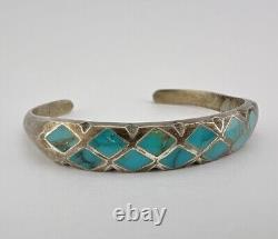 Vintage Zuni Sandcast Sterling Silver Flush Inlay Turquoise Cuff Bracelet