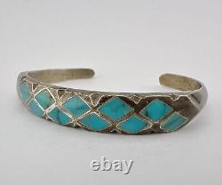 Vintage Zuni Sandcast Sterling Silver Flush Inlay Turquoise Cuff Bracelet