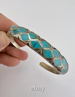 Vintage Zuni Sandcast Sterling Silver Flush Inlay Turquoise Cuff Bracelet
