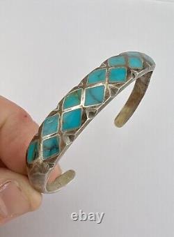 Vintage Zuni Sandcast Sterling Silver Flush Inlay Turquoise Cuff Bracelet