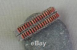 Vintage Zuni Signed Silver 2 Row Red Coral Needlepoint Cuff Bracelet
