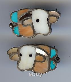Vintage Zuni Silver Inlaid Turquoise Coral Onyx Cow Matching Pair Lapel Pins