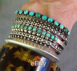 Vintage Zuni Silver Snake Eye Turquoise Row Cuff Bracelet Pale Blues & Greens