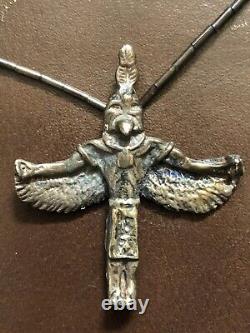 Vintage Zuni Solid 925 Silver Fetish 3D Eagle Buffalo Indian OLD Necklace 41 g