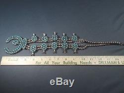 Vintage Zuni Squash Blossom Genuine Turquoise and Silver Necklace 1950's