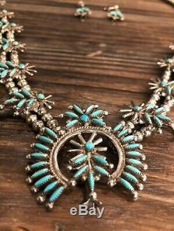 Vintage Zuni Squash Blossom Necklace Sterling & Turquoise marked E. Weeka Set