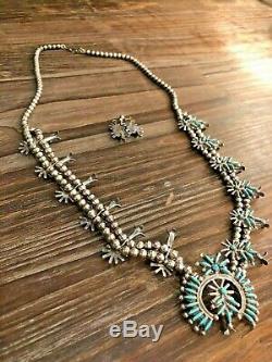 Vintage Zuni Squash Blossom Necklace Sterling & Turquoise marked E. Weeka Set