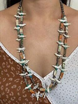 Vintage Zuni Sterling Bead Turquoise MOP Bird Fetish Multi Stone Necklace 29
