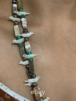 Vintage Zuni Sterling Bead Turquoise MOP Bird Fetish Multi Stone Necklace 29