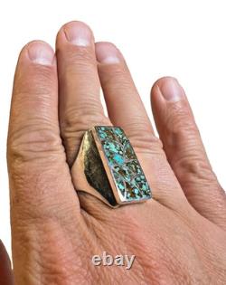 Vintage Zuni Sterling Silver Cobble Inlay Turquoise Statement Ring Signed Haloo