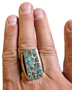 Vintage Zuni Sterling Silver Cobble Inlay Turquoise Statement Ring Signed Haloo