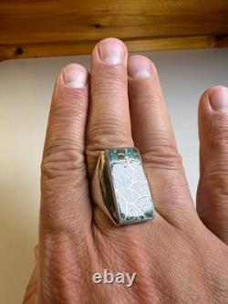 Vintage Zuni Sterling Silver Cobble Inlay Turquoise Statement Ring Signed Haloo