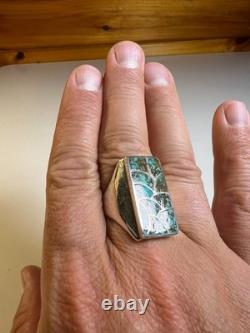 Vintage Zuni Sterling Silver Cobble Inlay Turquoise Statement Ring Signed Haloo