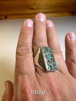 Vintage Zuni Sterling Silver Cobble Inlay Turquoise Statement Ring Signed Haloo