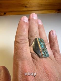 Vintage Zuni Sterling Silver Cobble Inlay Turquoise Statement Ring Signed Haloo