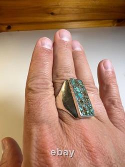 Vintage Zuni Sterling Silver Cobble Inlay Turquoise Statement Ring Signed Haloo