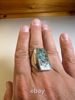 Vintage Zuni Sterling Silver Cobble Inlay Turquoise Statement Ring Signed Haloo