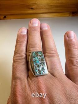 Vintage Zuni Sterling Silver Cobble Inlay Turquoise Statement Ring Signed Haloo